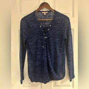 Juicy Couture Womens Sz Small Navy Sheer Long Sleeve Lace Up Blouse V Neck Knit